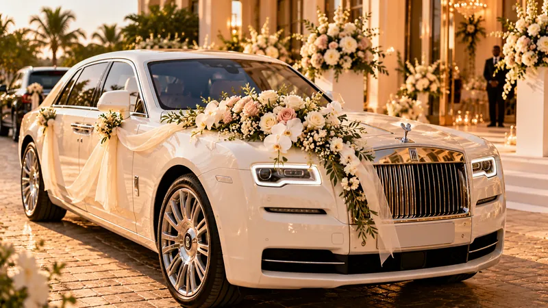 Rolls-Royce blanche décorée de fleurs devant le lieu de réception
