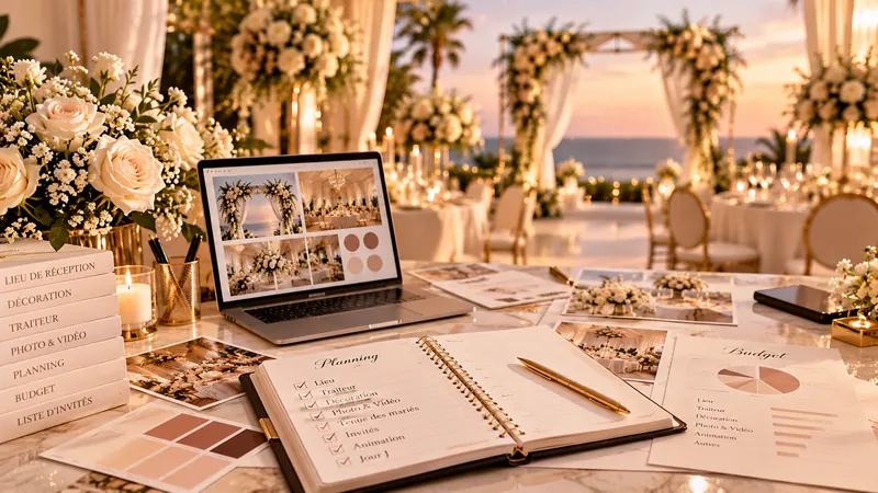 Table de planification de mariage avec carnet, ordinateur et nuancier, face à la mer