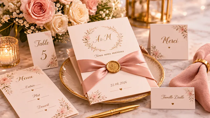 Papeterie de mariage rose et dorée : faire-part, menu et marque-places